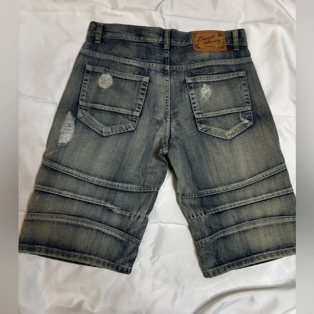 Lavish Society Denim Distressed & Zip Patchwork Denim Short SZ 32